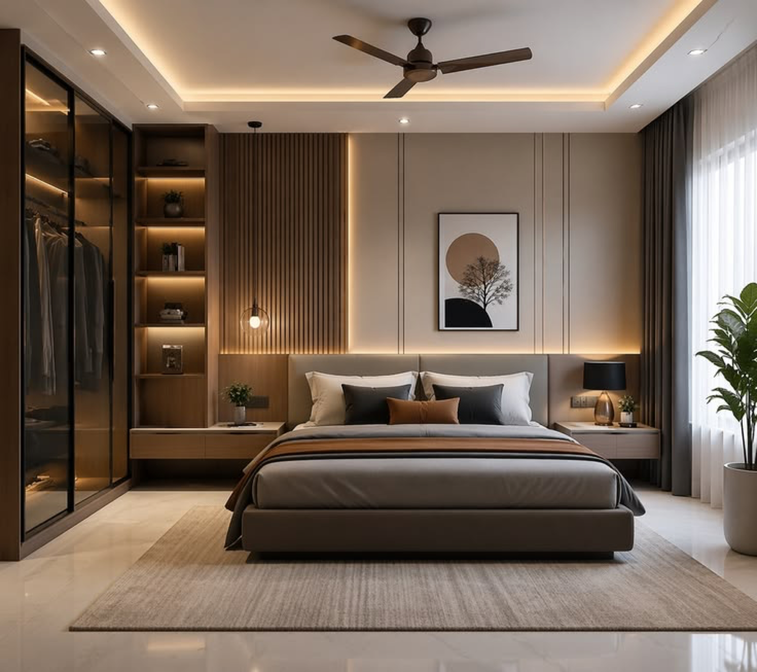 Modern bedroom with a neatly made bed, a patterned rug, a desk with a lamp and books, and a window with beige curtains.