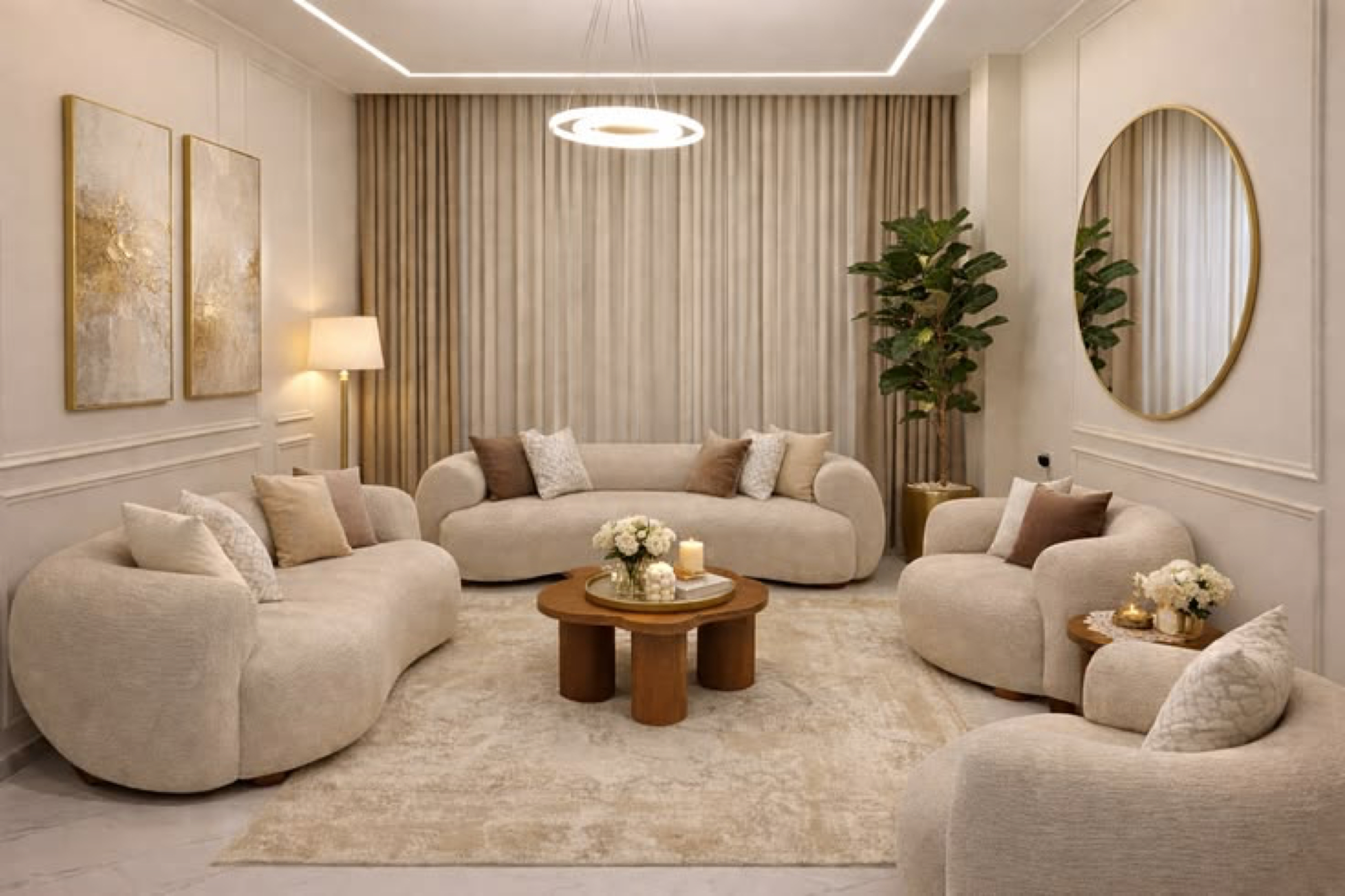 Modern living room with comfortable seating, coffee tables, large windows, and student-friendly amenities.